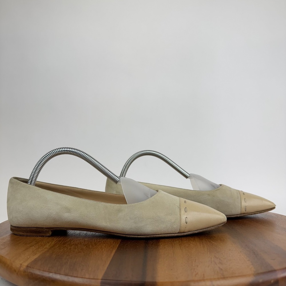 Womens Manolo Blahnik‎ Ivory Suede Fringe Pointed Toe Ballet Flats Size EU 40.5